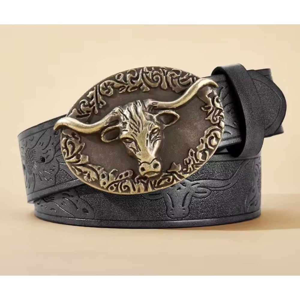Western Belt Mens 43-51in Black synthetic Leather Longhorn Bull Cowboy Buckle